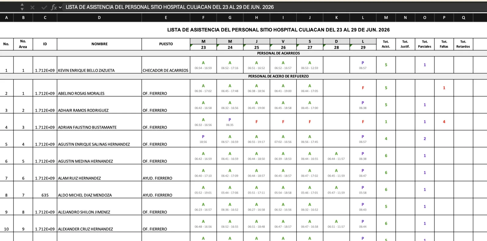 Lista de asistencia manual en Excel